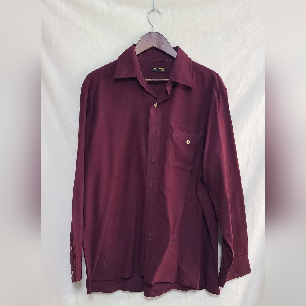 Vintage 70s Lanvin Men's Wine Red Polyester Button Down Shirt Size XL